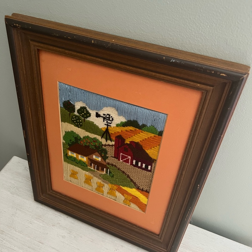 Vintage 90s Artisan Needlepoint Framed Farmhouse Scene - Picture 3 of 16